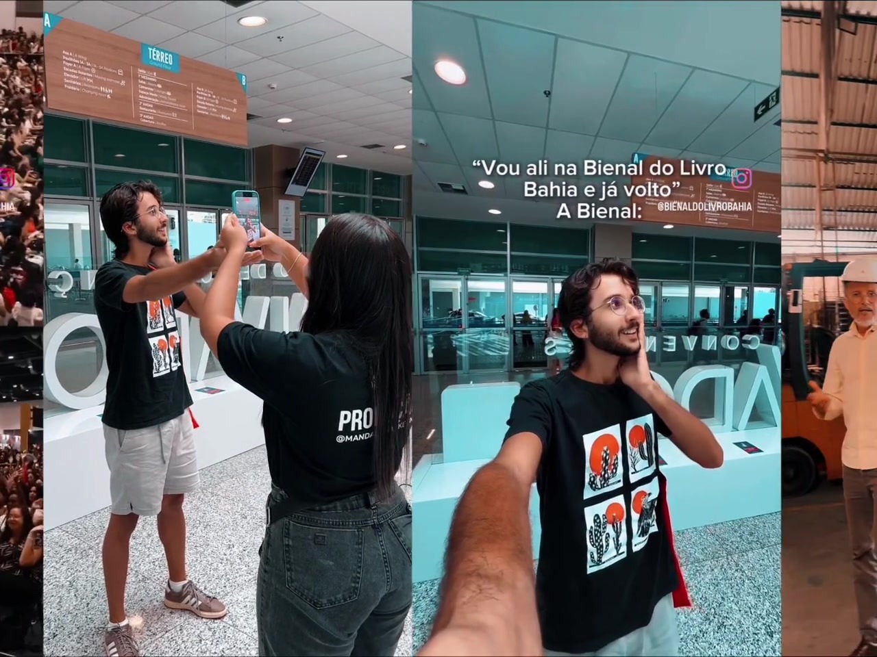 Ambiente de evento com produção de conteúdo em andamento