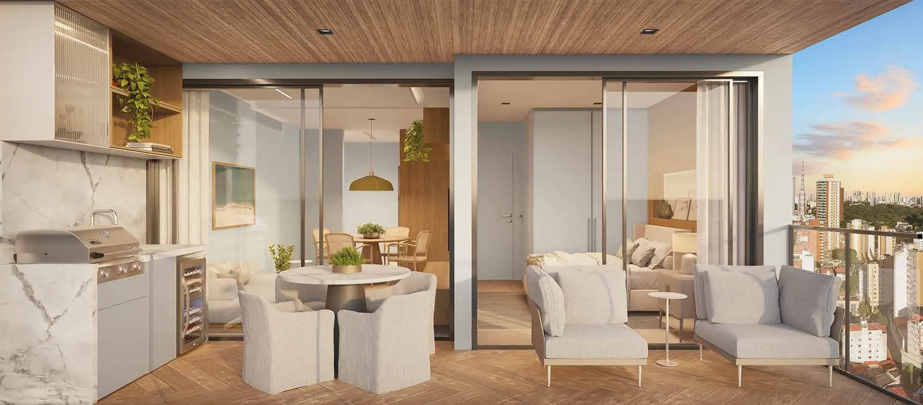 Varanda gourmet integrada ao living do apartamento de duas suítes do Lumio